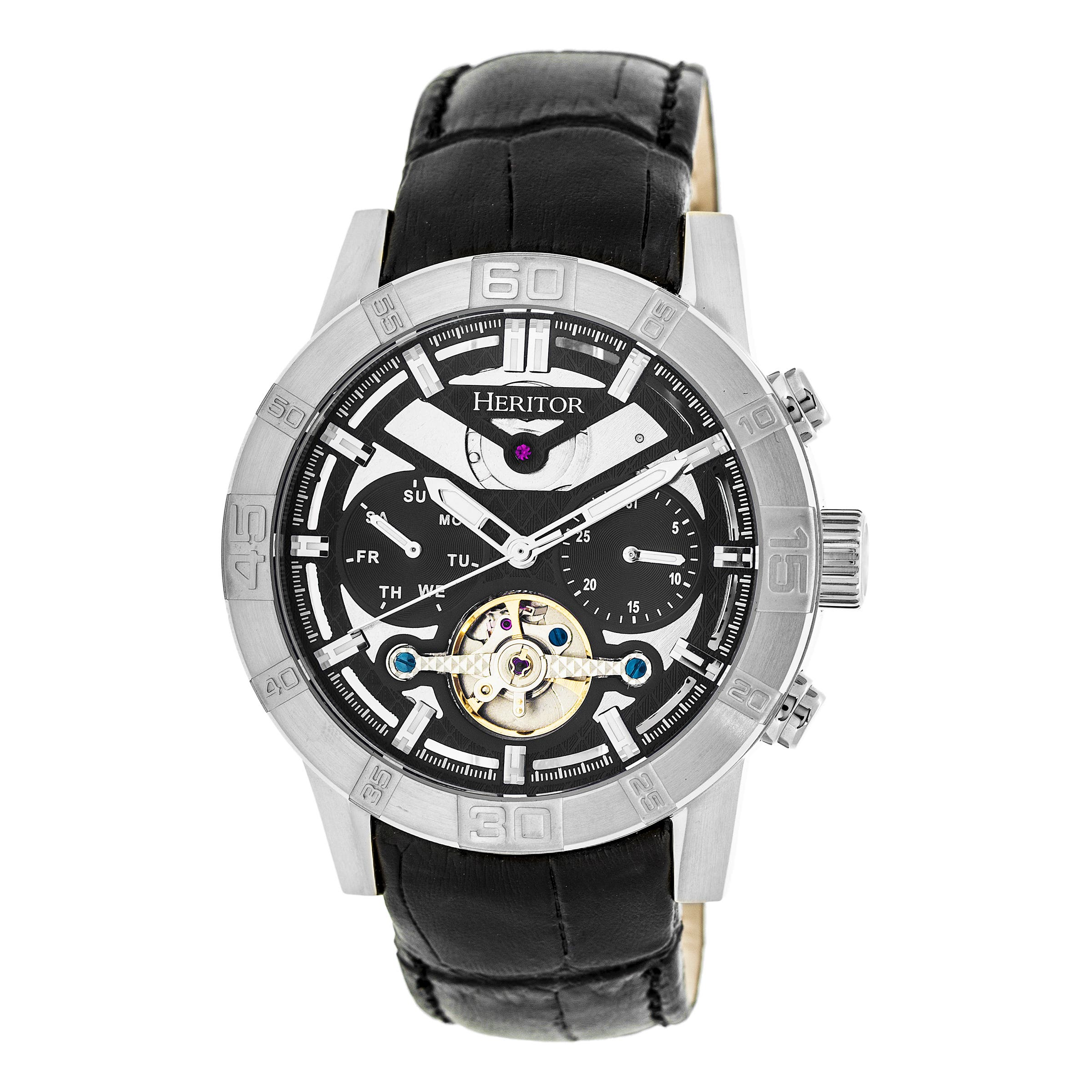 Heritor Automatic Hannibal Semi-Skeleton Leather-Band Watch in Silver/black Cover