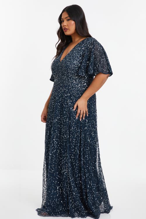 Shop Quiz Embellished Angel Sleeve Open Back Maxi Dress In Blue