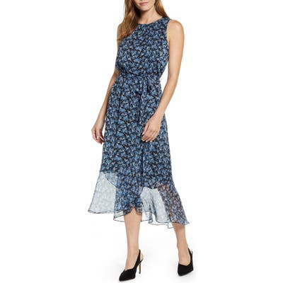 Vince Camuto Floral Belted Chiffon Midi Dress, Blue