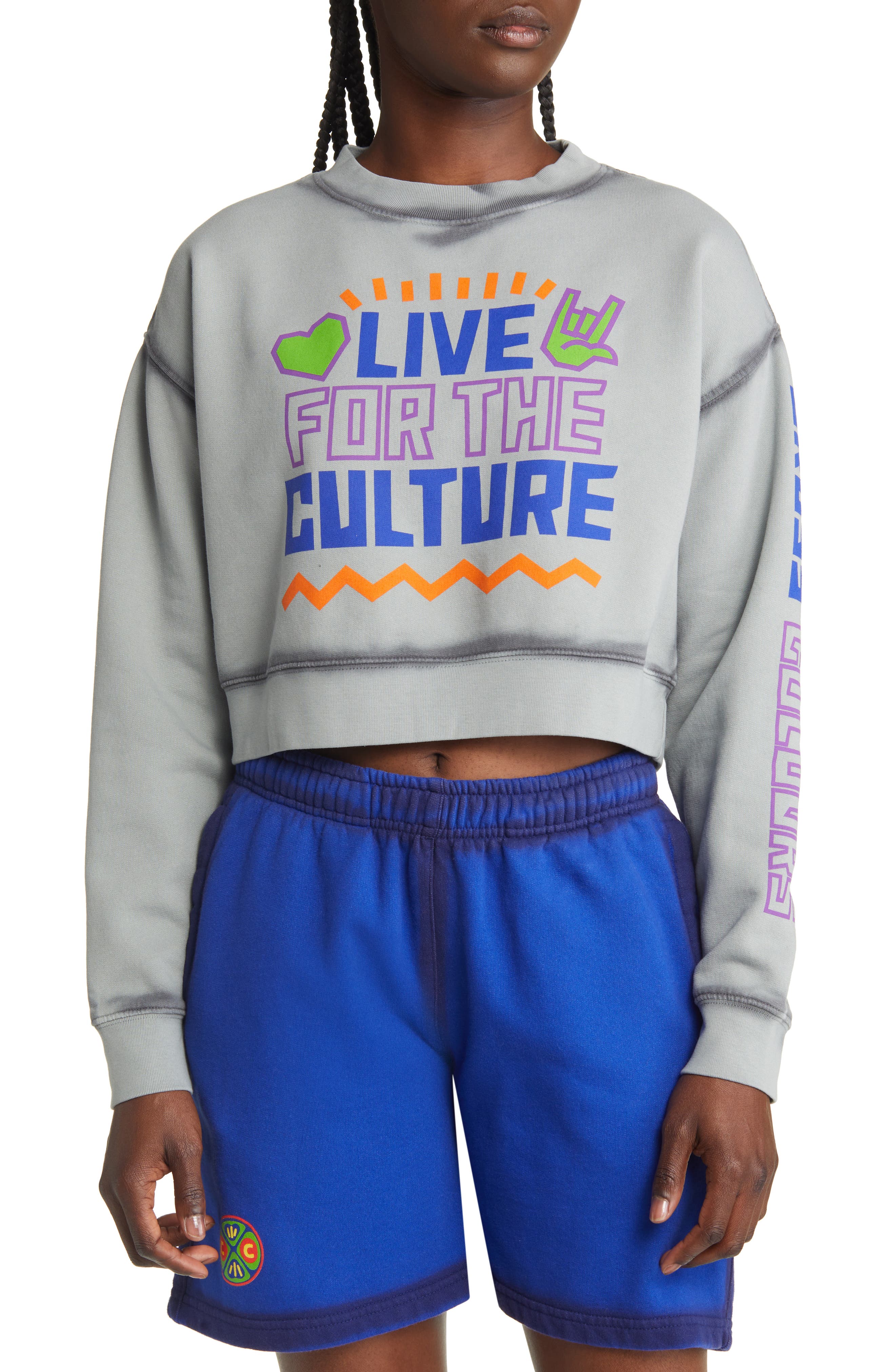 Cross Colours Live for The Culture Crop Graphic Sweatshirt in Vintage Light Gray
