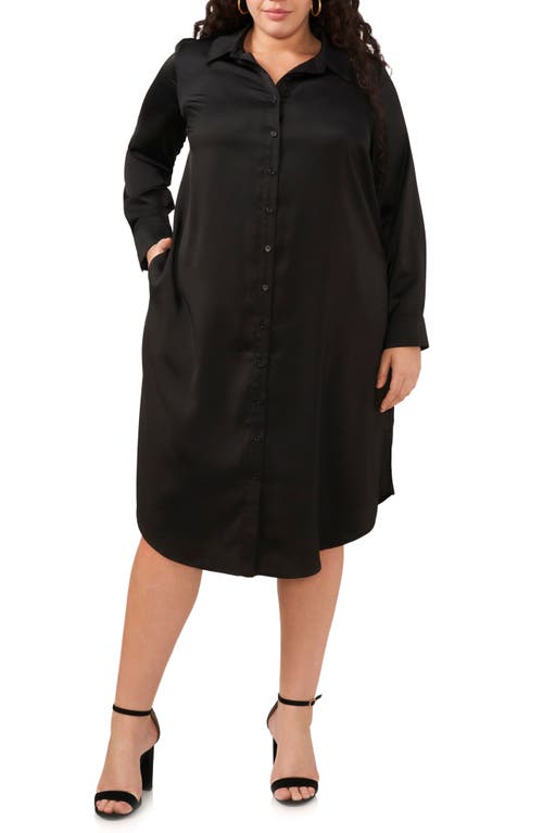 Vince Camuto Long Sleeve Satin Midi Shirtdress in Rich Black at Nordstrom, Size 2X