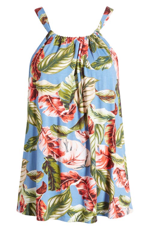 Loveappella Leaf Print Tank In Denim/coral