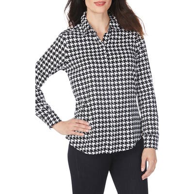 Petite Foxcroft Ava Houndstooth Wrinkle-Free Shirt, Black