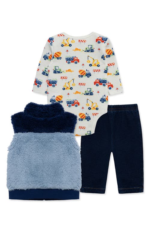 LITTLE ME LITTLE ME TRUCKS LONG SLEEVE BODYSUIT, HIGH PILE FLEECE VEST & JEANS SET 