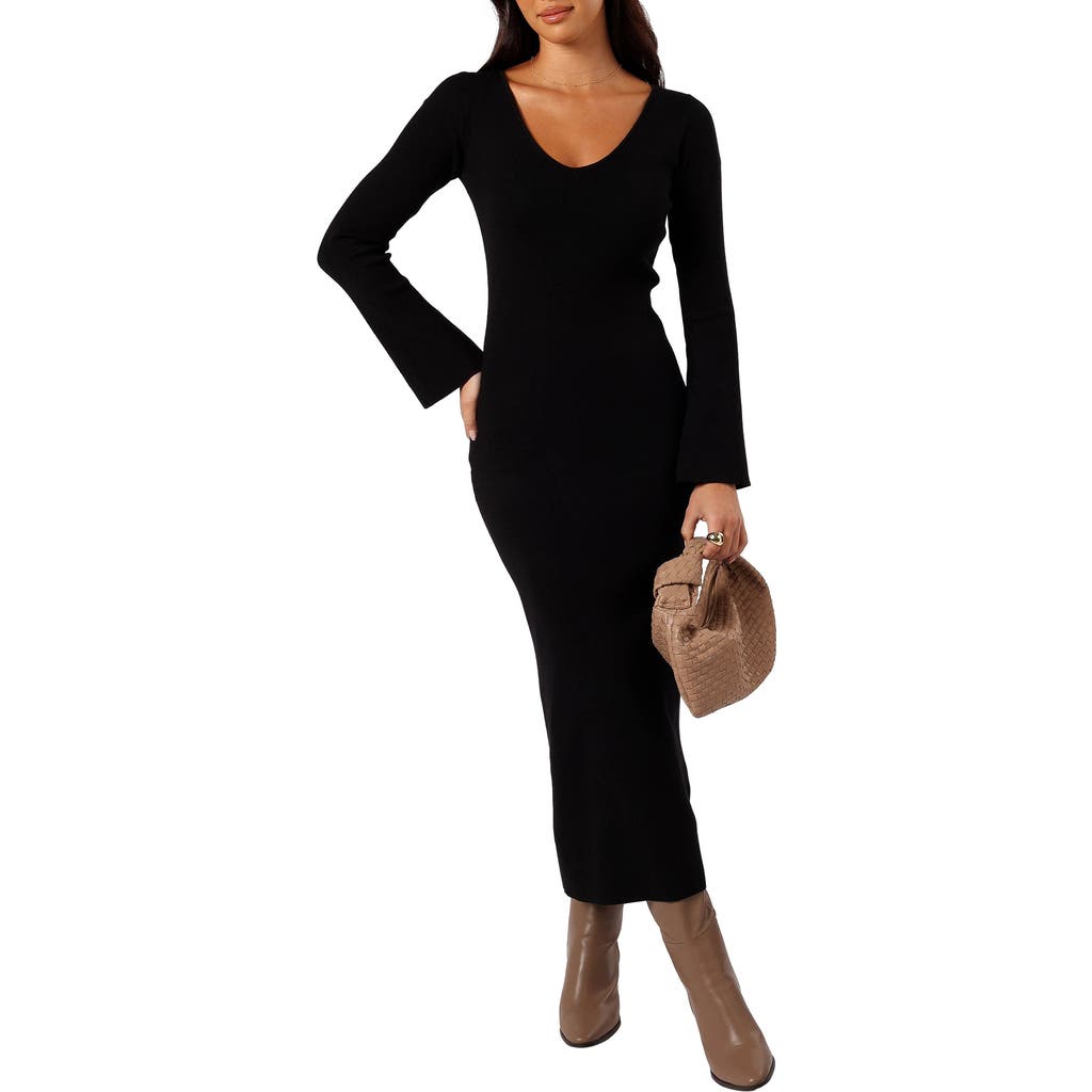 Petal & Pup Lina V-Neck Long Sleeve Midi Sweater Dress in Black