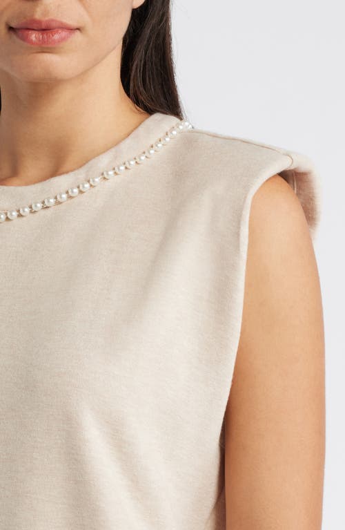 Shop Wit & Wisdom Faux Pearl Trim Extended Shoulder Top In Heather Oatmeal