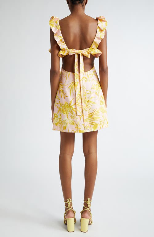 Shop Zimmermann Golden Tropical Print Ruffle Linen Minidress In Pink/gold Floral