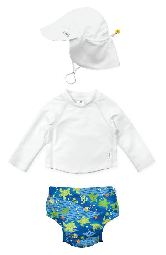 Green Sprouts Babies' Kids' Sun Hat, Long Sleeve Rashguard & Reusable Swim Diaper Set In Royal Blue Turtle Journey