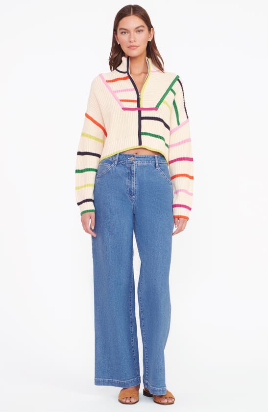Shop Staud Hampton Half Zip Crop Sweater In Cream Rainbow Multi