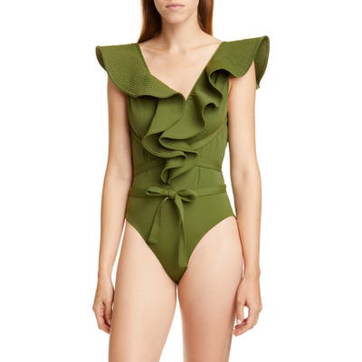Johanna Ortiz Ruffle Trim One-Piece Swimsuit, Green