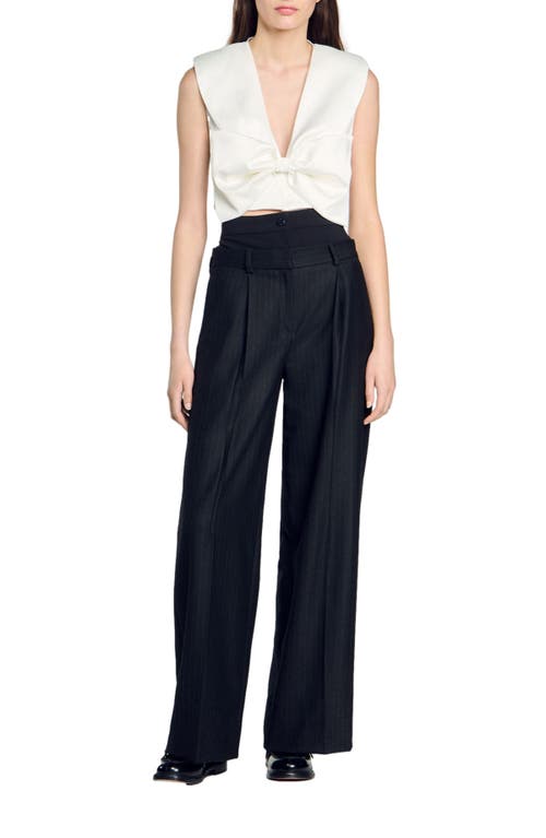 Sandro Striped Double Waistband Trousers In Black