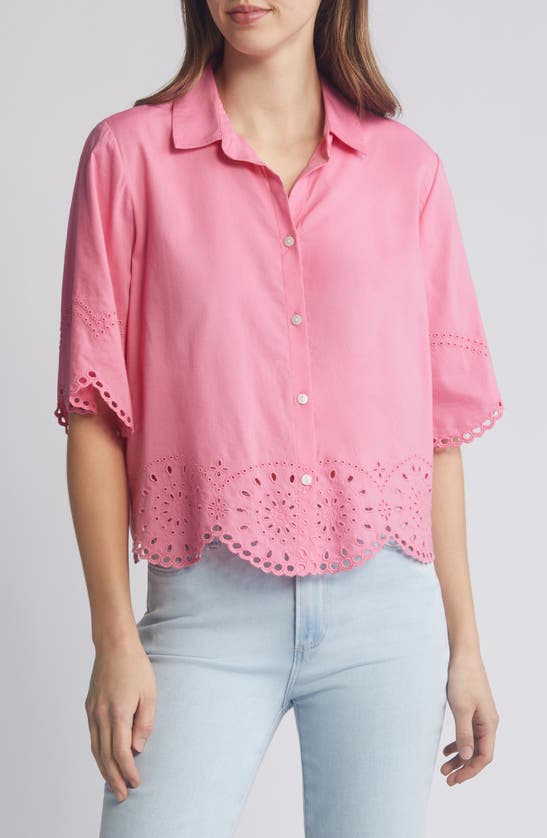 Beachlunchlounge Clo Eyelet Border Button-up Shirt In Jelly Pink