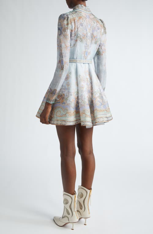 Shop Zimmermann Eden Belted Long Sleeve Linen & Silk Minidress In Blue Paisley