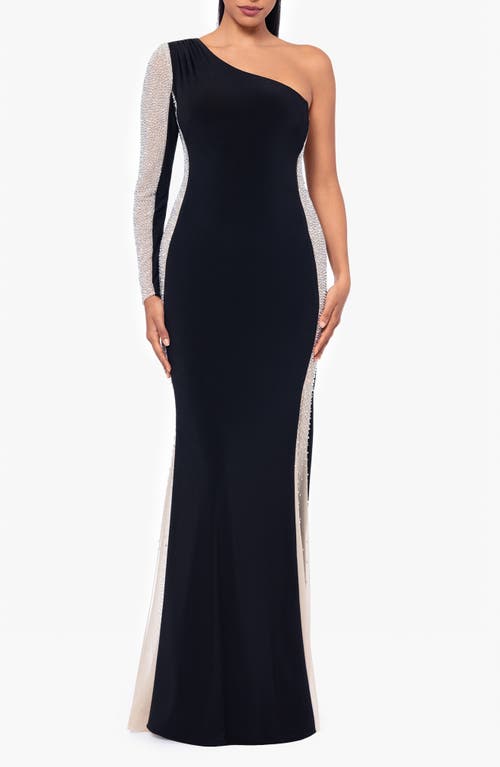 Shop Xscape Evenings Rhinestone Embellished One-shoulder Gown In Black/nude/silver