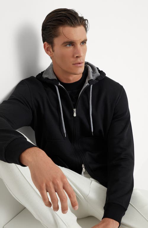 Shop Brunello Cucinelli Cotton, Cashmere And Silk French Terry Double Cloth Hooded Sweatshirt With Zipper In Black