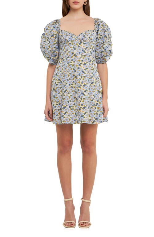 Endless Rose Floral Print Pintuck Puff Sleeve Minidress Blue Multi at Nordstrom,