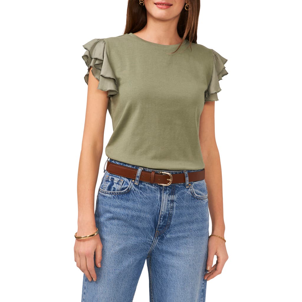 Vince Camuto Tiered Ruffle Sleeve Cotton Blend Top In Olive Mist