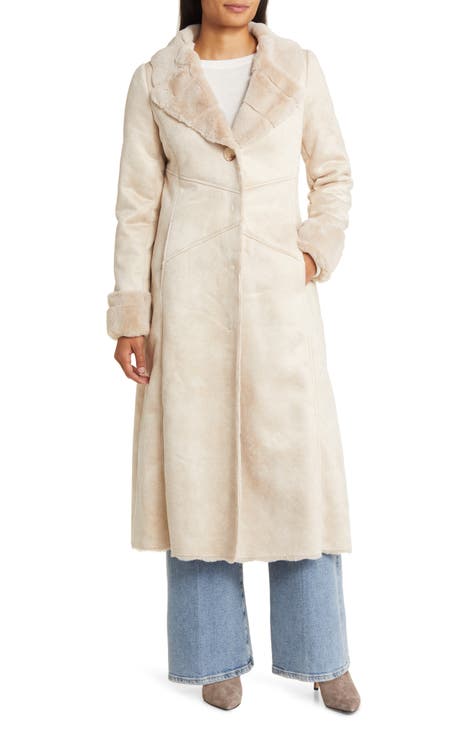 Frye Faux Shearling Double Breasted Maxi Coat in Brown