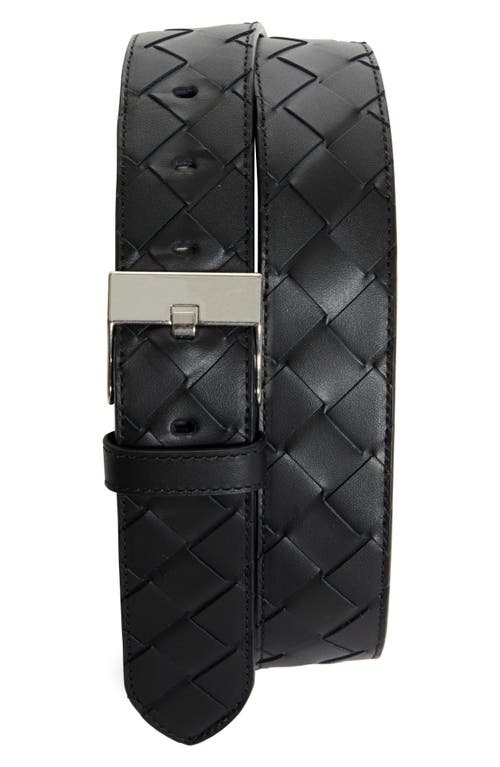 Shop Bottega Veneta Intrecciato Calfskin Leather Belt In 8803 Black/silver