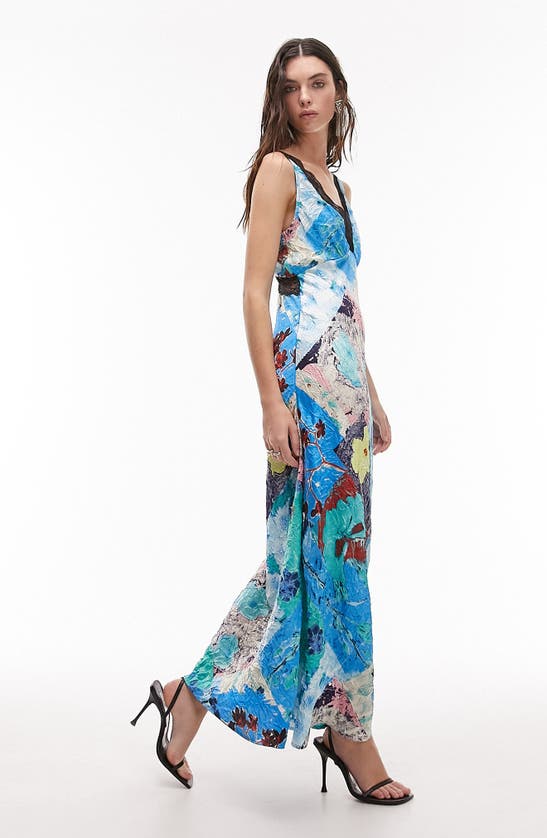 Shop Topshop Patchwork Print Lace Detail Maxi Slipdress In Light Blue
