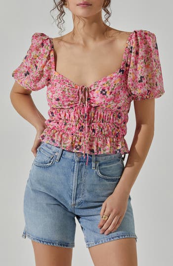 Astr The Label Shirred Puff Sleeve Top In Pink