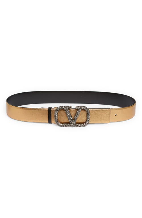 Valentino Garavani VLOGO Crystal Buckle Reversible Leather Belt in Brass/Nero/Black Diamond
