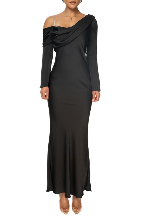 JLUXLABEL One & Only Long Sleeve Asymmetric Satin Gown Black at Nordstrom,