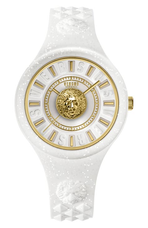Versace Women's Fire Island Lion Glitter White Dial Silicone Strap Watch, 39mm