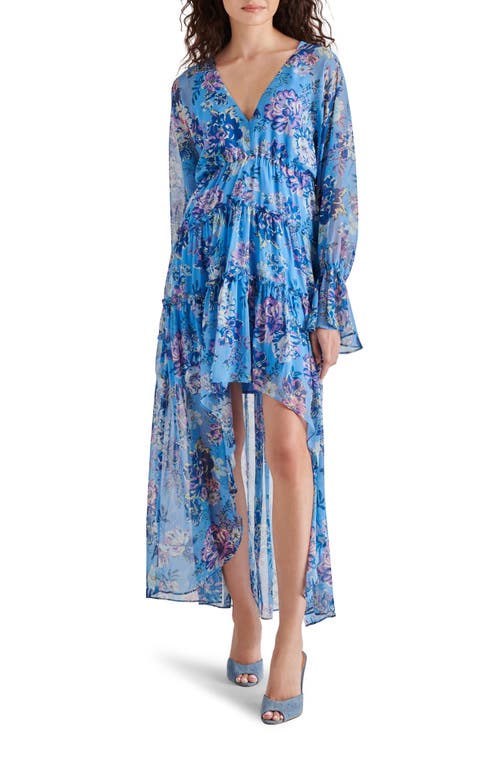 Sol Floral Long Sleeve High-Low Chiffon Dress in Azure Blue