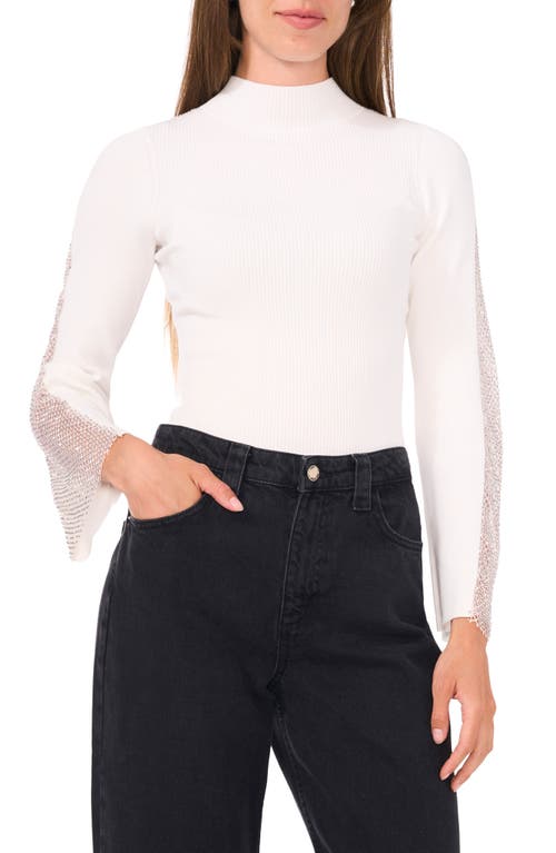 Shop Vince Camuto Rhinestone Rib Mock Neck Knit Top In New Ivory