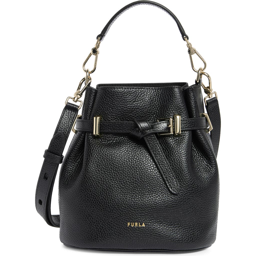 Furla Aura Mini Drawstring Leather Bucket Bag In Nero