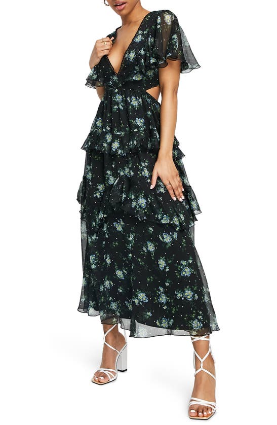 ASOS DESIGN FLORAL TIERED OPEN BACK DRESS