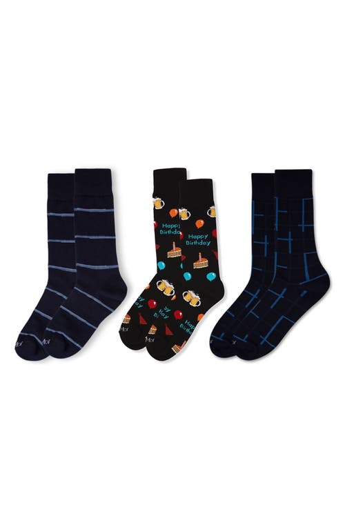 Memoi Happy Birthday Assorted 3-pack Crew Socks In Black-black