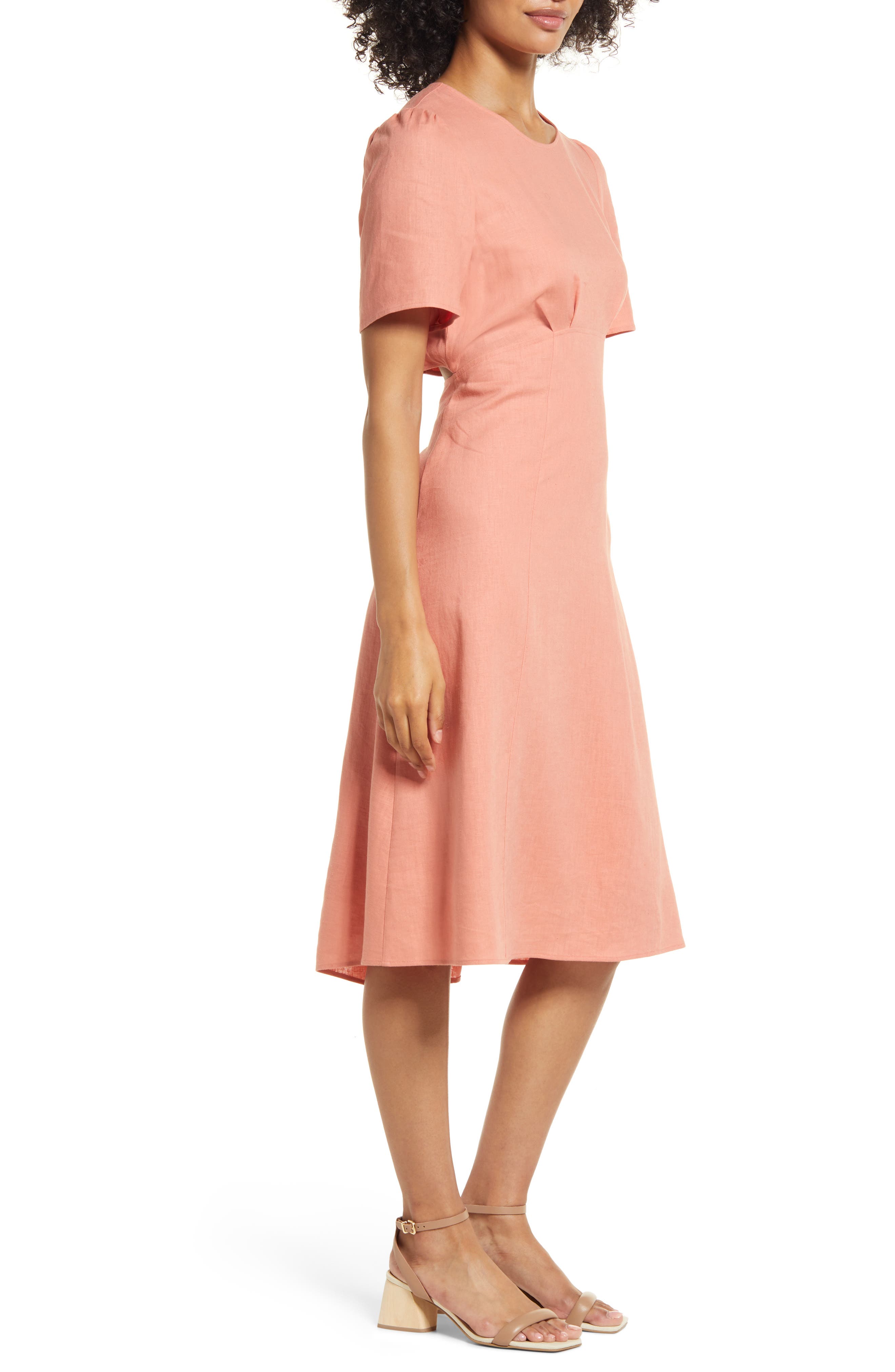Open Back Puff Sleeve Linen Blend Midi 