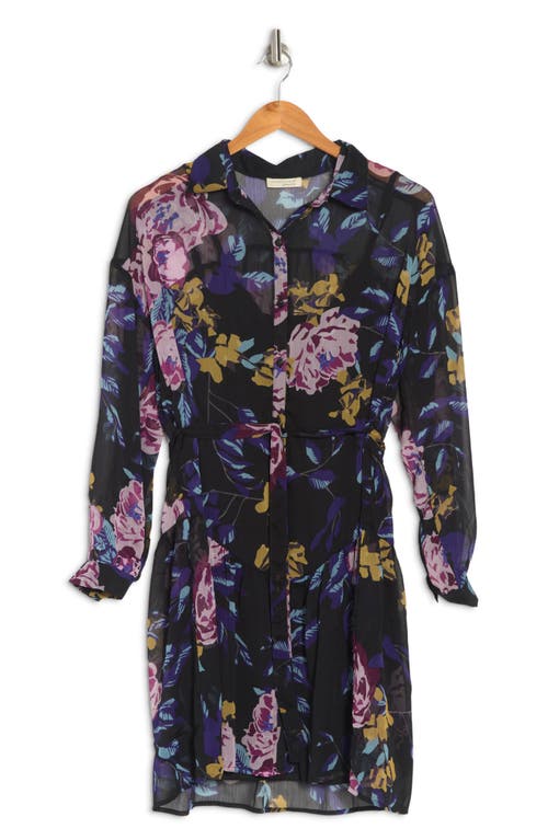 Shop Lovestitch Floral Print Chiffon Shirt Dress In Black/royal