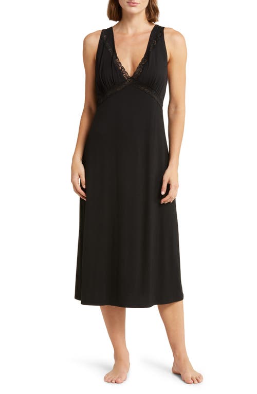 Natori Feathers Lace Trim Nightgown Black at Nordstrom,