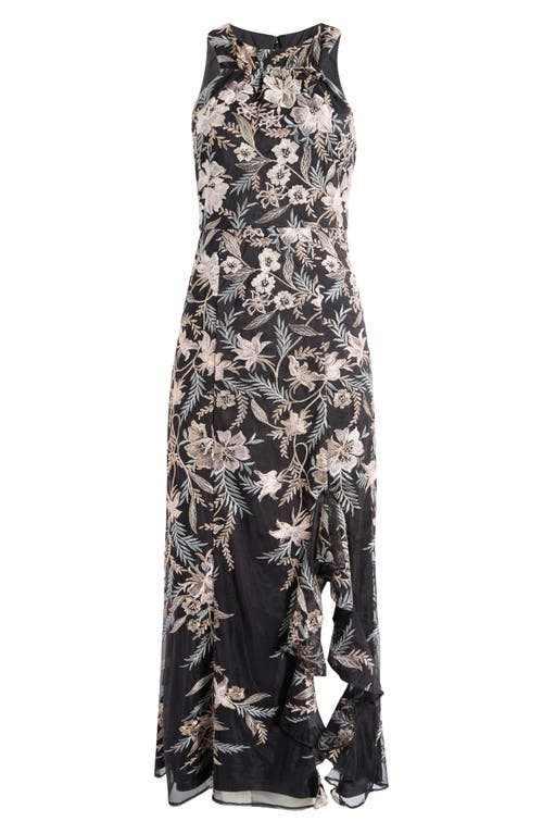 Maggy London Floral Embroidered Mesh Gown In Black/ Mauve/ Gold