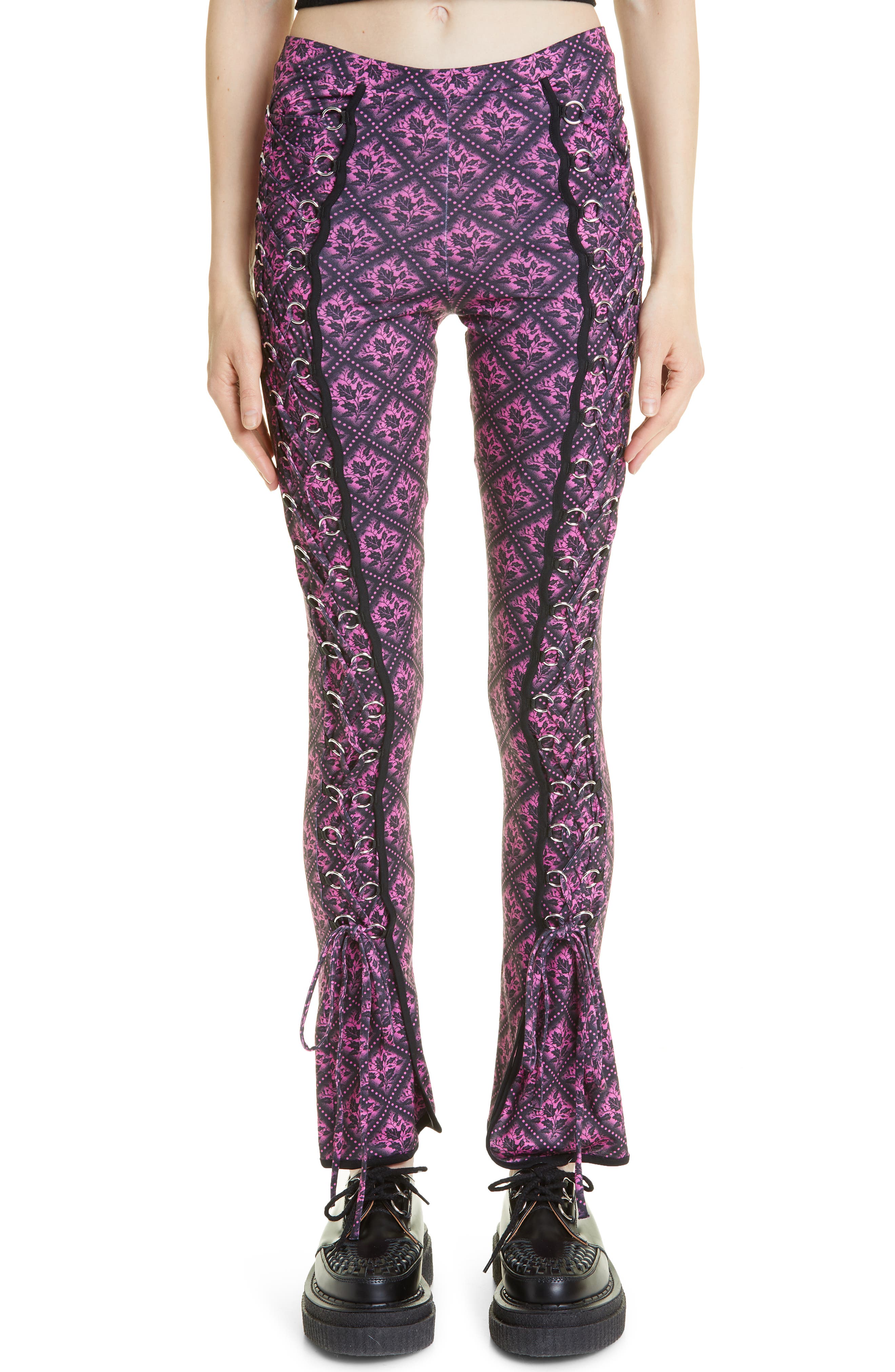lace up printed flare leg pants