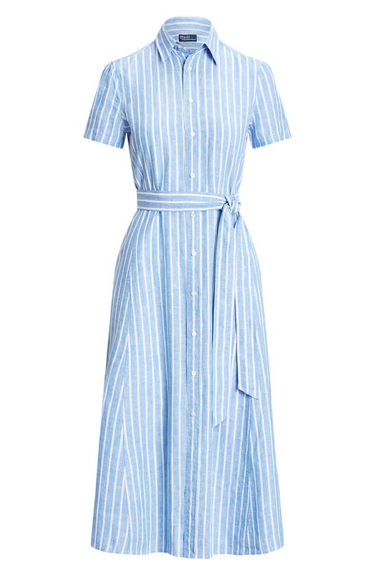 Shop Polo Ralph Lauren Ashton Stripe Tie Waist Linen Midi Shirtdress In Lake Blue/ White Stripe