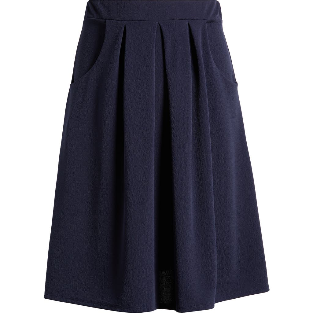 24seven Comfort Apparel Elastic Waist Pleated Pocket Midi Skirt In Navy