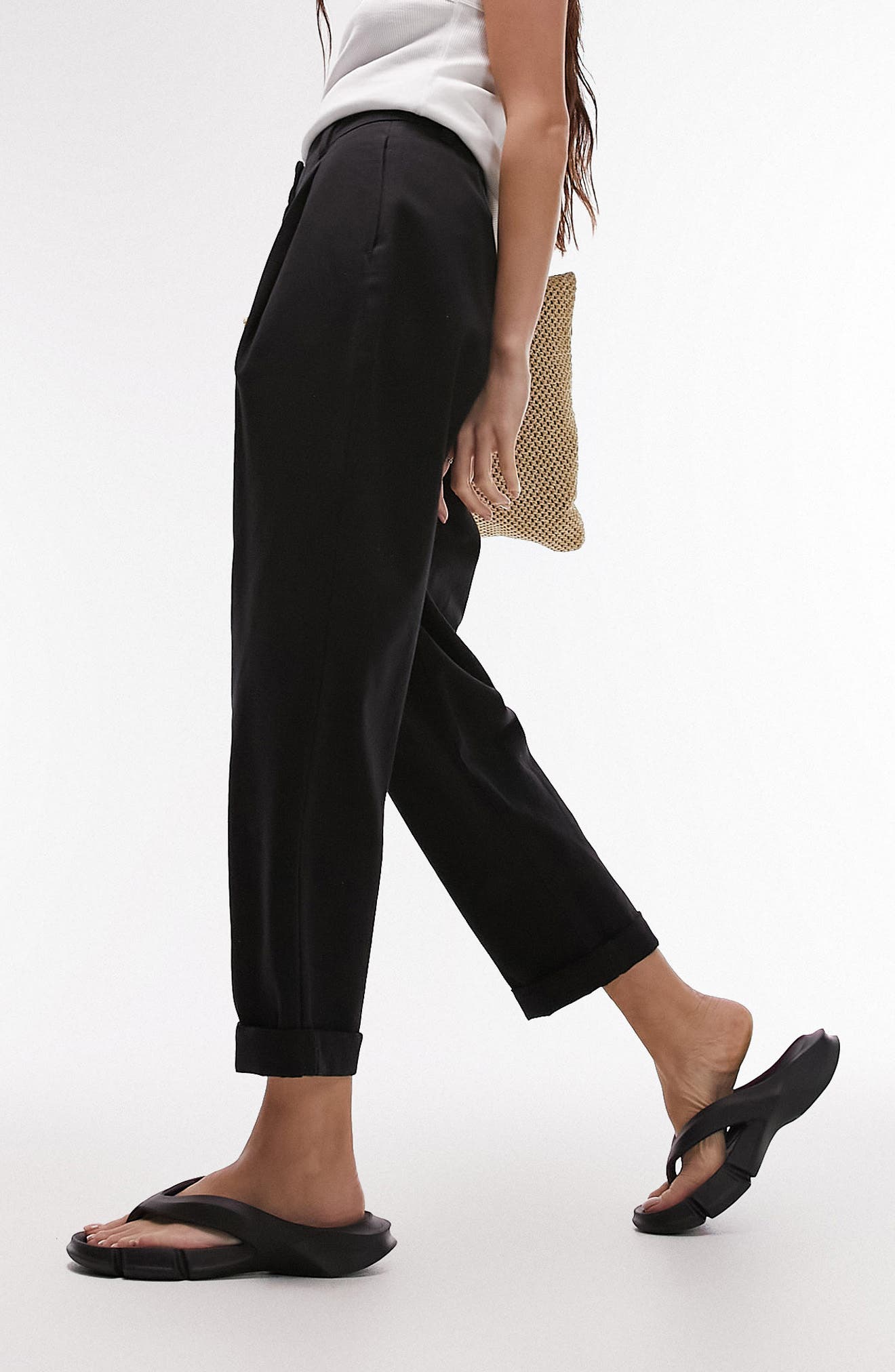 TOPSHOP Foldover Waist Straight Leg Trousers in Black