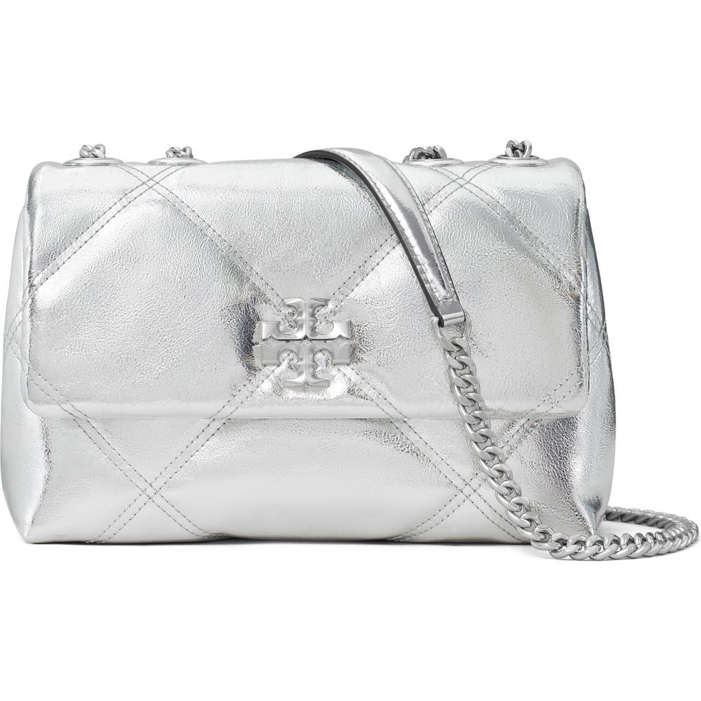 Tory Burch Kira Diamond Quilt Metallic Leather Small Convertible Shoulder Bag In Silver