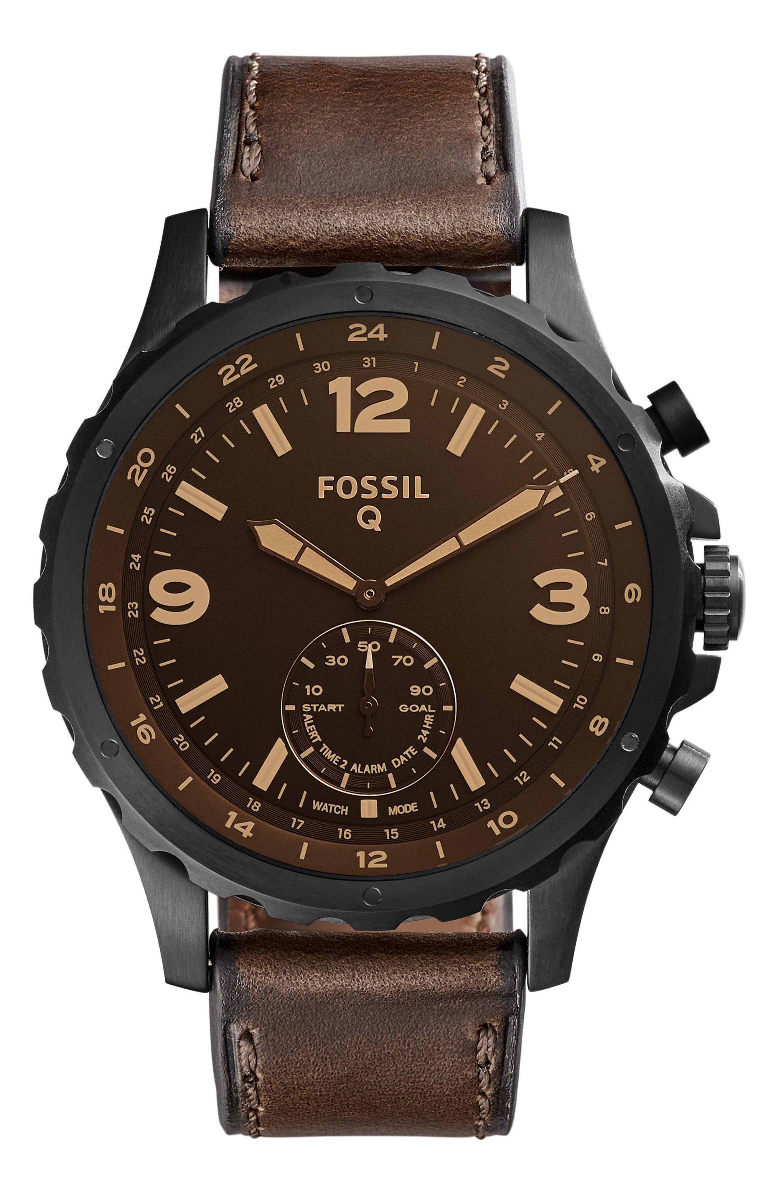 Fossil Q Nate Leather Strap Hybrid Smart Watch, 50mm Nordstrom
