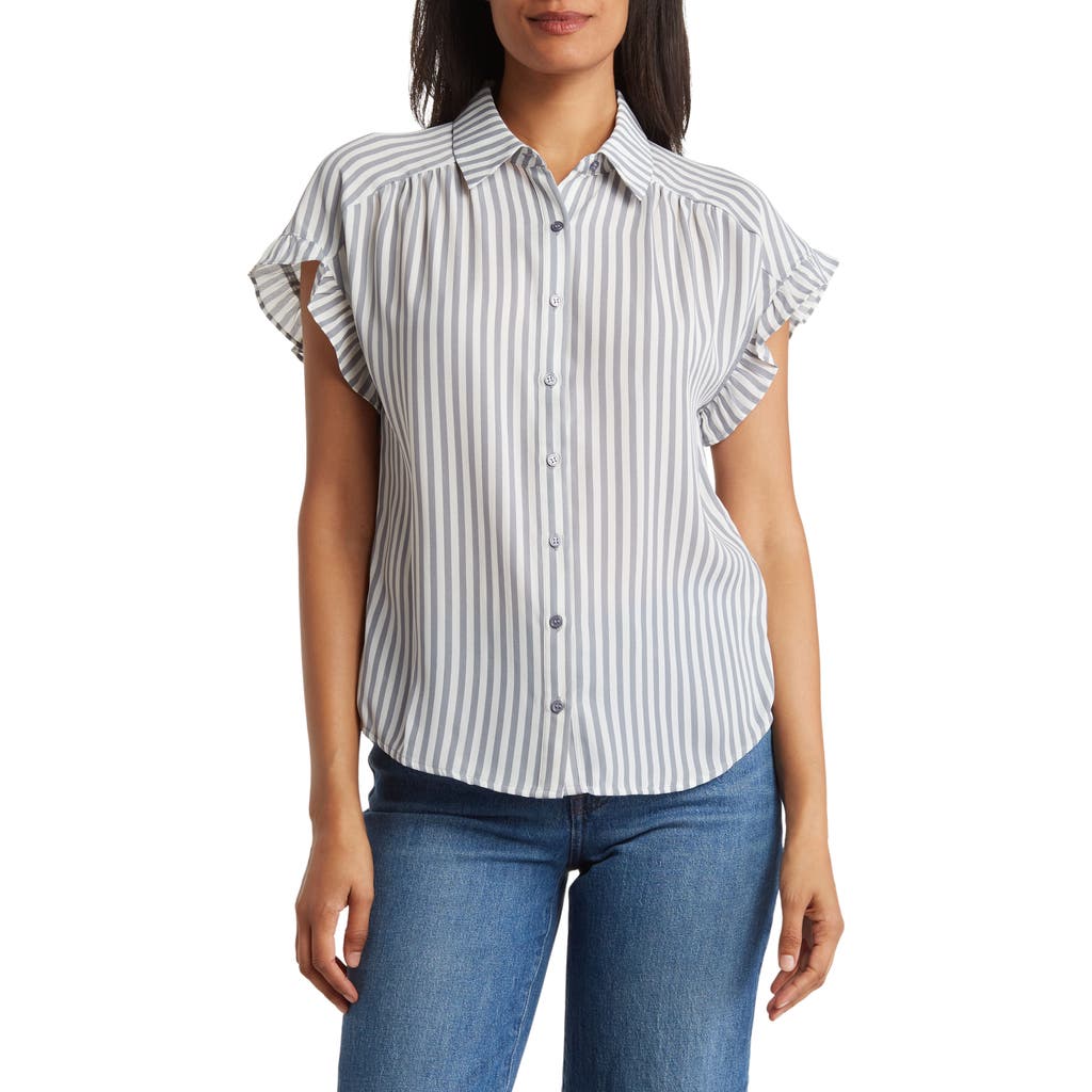 Shop Pleione Stripe Ruffle Short Sleeve Button-up Shirt In Gray/ivory Stripe