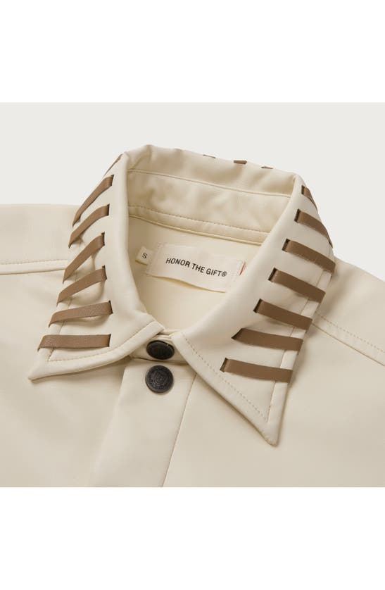 Shop Honor The Gift Boxy Faux Leather Snap-up Shirt In Bone