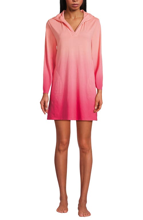 Shop Lands' End Cotton Jersey Long Sleeve Hooded Swim Cover-up Dress In Coral Rose Ombre