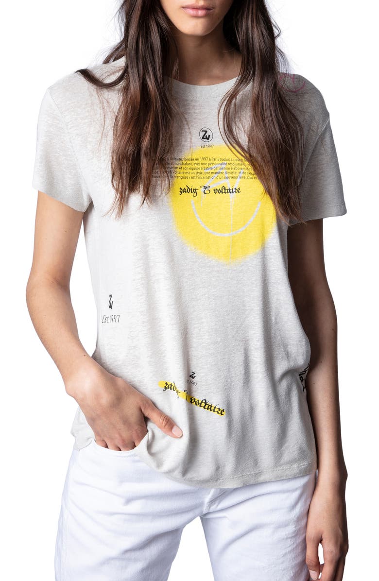 ZADIG & VOLTAIRE Walk Linen Blend Graphic Tee, Main, color, GRIS CHINE