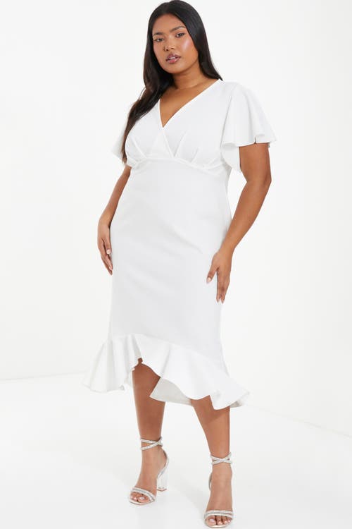 Quiz V-neck Frill Hem Midi Dress In White