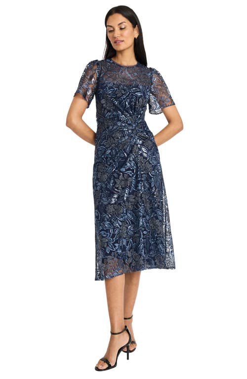 Maggy London Shirred Side Flutter Sleeve Midi Dress In Navy