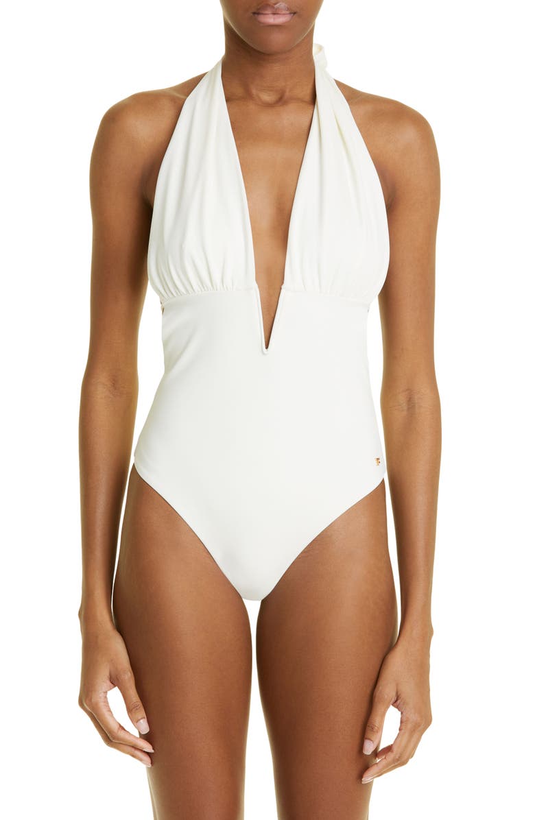 TOM FORD Plunge Halter Neck Glossy Jersey One-Piece Swimsuit | Nordstrom